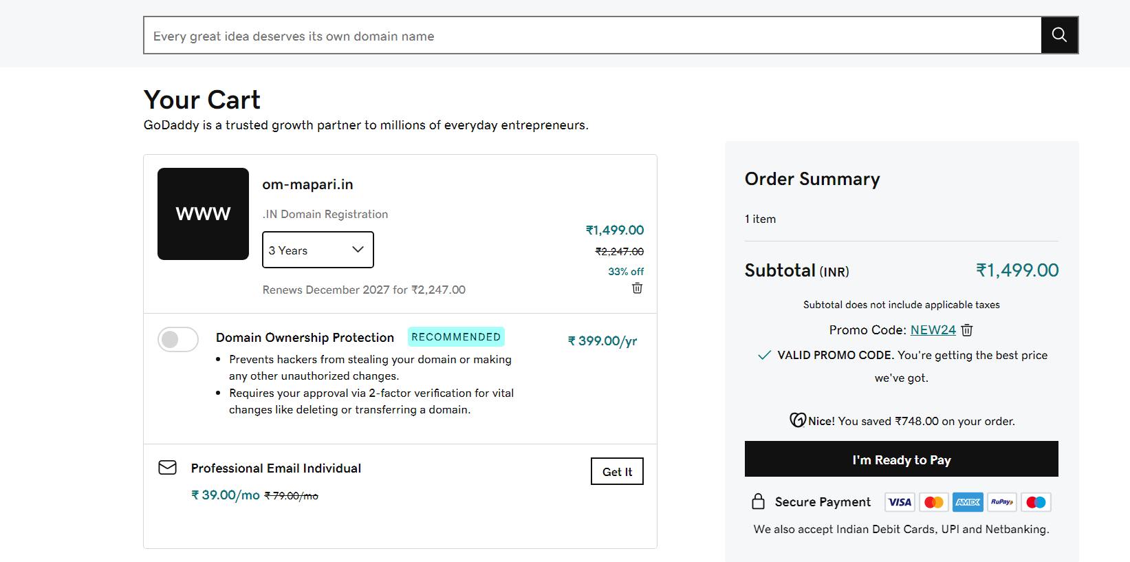 GoDaddy .in Pricing